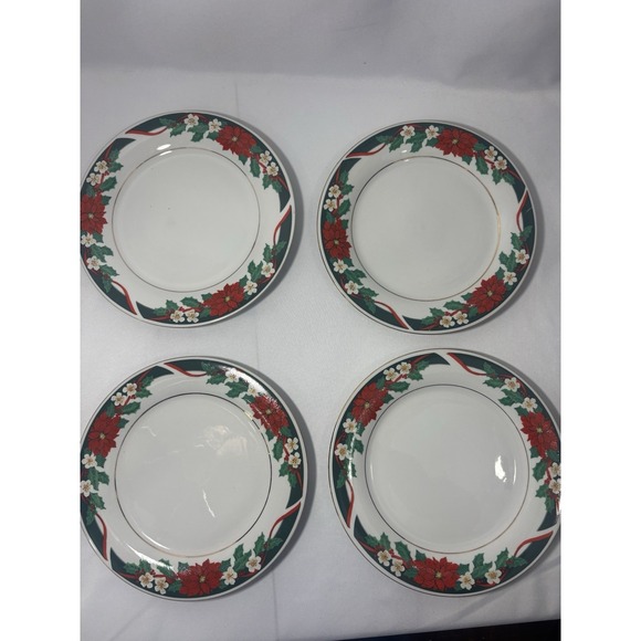 Tienshan Other - 🎄Set of 4 Tienshan Fine China Deck the Halls Christmas Dinner Plates Poinsettia